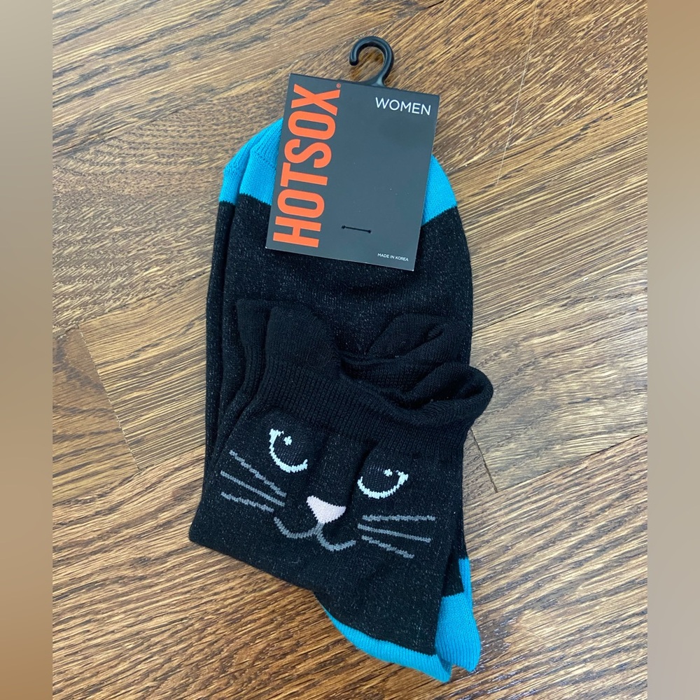 Hot Sox Women's Black and Teal Cat Socks